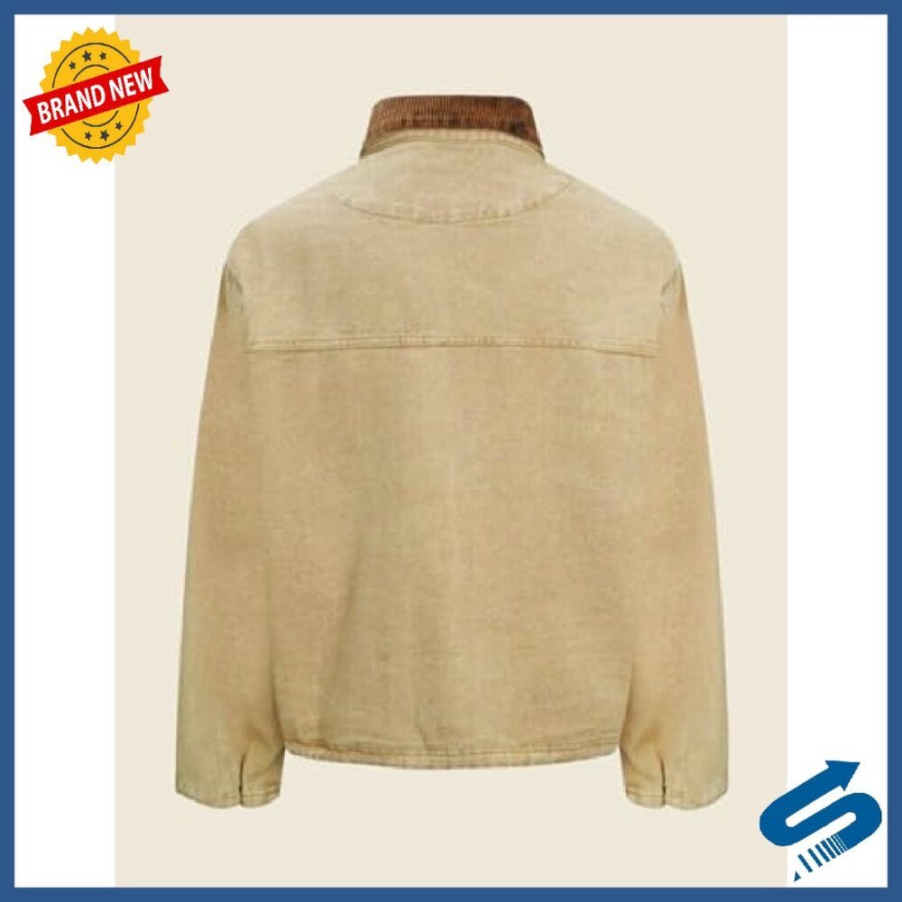 Cropped Button Down Jacket with Corduroy Lapel Pockets Long Sleeve - Picture 5 of 8